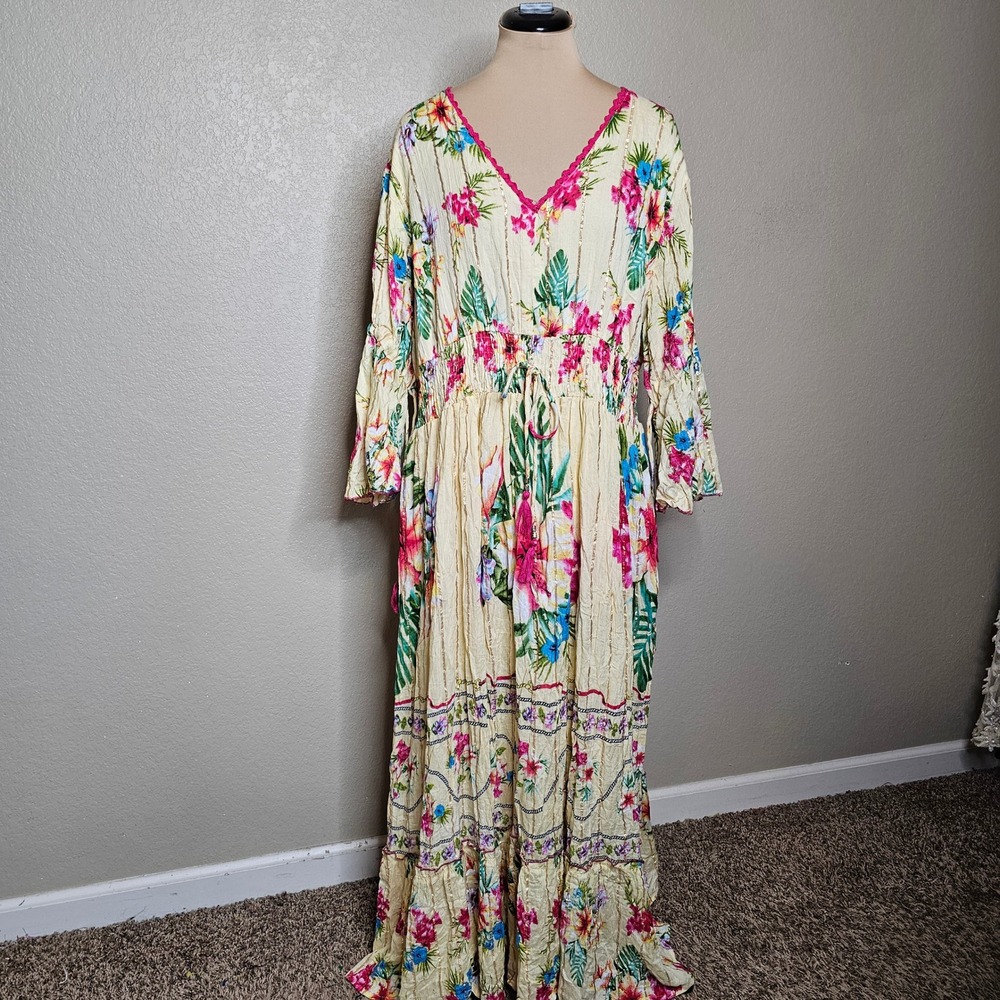 Boho Floral Cream Maxi Dress with Pink Trim - Picture 2 of 12